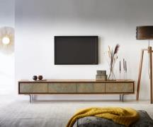 DELIFE Tv-meubel Juwelo 220 cm acacia natuur steen fineer metaal zwart