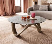 DELIFE Salontafel Tanju 90x90 cm goud metallic met reliëfglas taupe