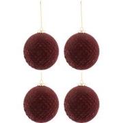 J-line - Doos Van 4 Kerstballen Patroon Fluweel Glas Burgundy Medium -...