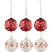 J-line - Doos Van 6 Kerstballen Sneeuwvlokken Glitter Glas Wit/rd Smal...