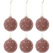 J-line - Doos Van 6 Kerstbal Stippen Fluweel Licht Roze/goud - 8x8x8cm