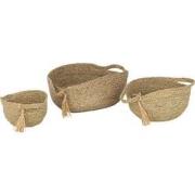 J-line - Set Van 3 Mand Rond Met Handvat+ Kwast Gras Naturel - 33x40x1...