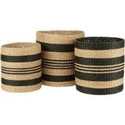 J-line - Set 3 Manden Gestreept Zeegras Zwart - 40x40x40cm