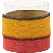 J-line - Theelichthouder Rond+strepen Glass/zeegras Geel/roze - 20x20x...