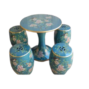 Fine Asianliving Keramische Kruk en Tafel Bloemen Blauw Set/5 -