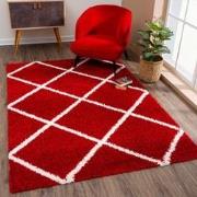 Tapijtenloods Madrid Shaggy Geruit Vloerkleed Rood Creme Hoogpolig- 80...