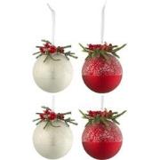 J-line - Doos Van 4 Kerstballen Kerstdeco+bessen Suiker Glas Wit/rd Sm...