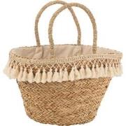 J-line - Strandtas Kwastjes Wit Riet Naturel - 49x24x46cm