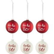 J-line - Doos Van 6 Kerstballen Hohoho! Glas Wit/rd Small - 8x8x8cm