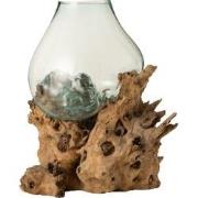 J-line - Vaas Xl Op Voet Gamal Hout Gerecycleerd Glas Naturel Transpar...