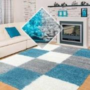 Tapijtenloods Basic Shaggy Geblokt vloerkleed Turquoise / Wit Hoogpoli...