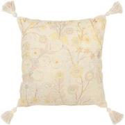 J-Line - Kussen Vierkant Bloemen/kwastjes Katoen Lichtgeel - 45x45x15c...