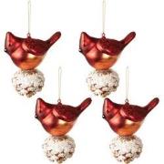 Clayre & Eef Kerstbal Set van 4 Vogel 11x6x11 cm Rood Wit Glas Kerstbo...