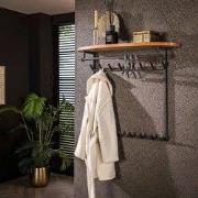 Wandkapstok 16-Haaks River Acaciahout - Met Hoedenplank