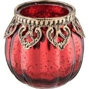 Clayre & Eef Theelichthouder  Ø 8x8 cm Rood Goudkleurig Glas Metaal Wa...