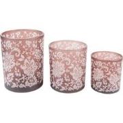 Clayre & Eef Theelichthouder Set van 3  Bruin Wit Glas Rond Bloemen Wa...