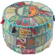 J-line - Poef Rond Patronen+kwasten Katoen Blauw - 40x40x30cm