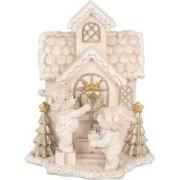 Clayre & Eef Decoratie Huis met LED  15x10x18 cm Roze Kunststof Beer