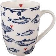 Clayre & Eef Mok  350 ml Wit Blauw Porselein Vissen Theemok