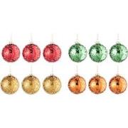 J-Line - Doos Van 12 Kerstballen 3+3+3+3 Pareltjes Glas Goud/rood/oran...