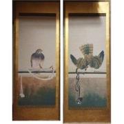Fine Asianliving Chinees Schilderij Vogels Bladgoud Set/2 B37xH94cm