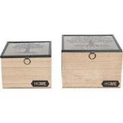 Clayre & Eef Opbergdoosje Set van 2  18x18x12 cm Bruin Hout Glas Vierk...