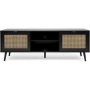 TV-meubel met 2 deuren, 2 neerklapbare fronten, rotanprint en zwart - ...