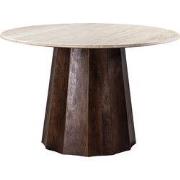 Eettafel Ø120cm - Wit Travertin Blad - Bruin Onderstel