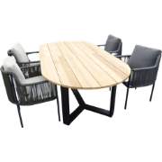Set van Kaihou tafel 260x122x76 cm ovaal teak en 4 Umi stoelen zwart/g...