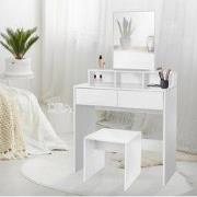 Kaptafel 80x40x140 cm in wit met spiegel, 2 laden, 3 planken & kruk ML...