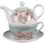 Clayre & Eef Tea for One 400 ml Blauw Wit Porselein Bloemen