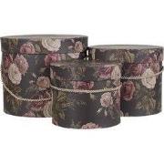 Clayre & Eef Hoedendoos Set van 3 Ø 23x20 cm Zwart Roze Karton Bloemen