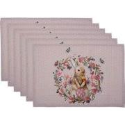 Clayre & Eef Placemats Set van 6 48x33 cm Wit Roze Katoen Konijn Bloem...