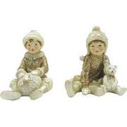 Clayre & Eef Beeld Set van 2 Kinderen 9 cm Beige Goudkleurig Kunststof