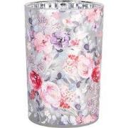 Clayre & Eef Theelichthouder Ø 12x18 cm Grijs Roze Glas Bloemen