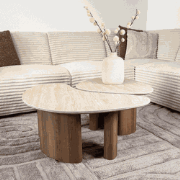 Salontafel set van 2 Jimi travertin blad met walnoot onderstel