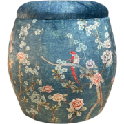 Fine Asianliving Velours Poef met Opbergruimte Rond Blauw Vogels
