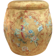 Fine Asianliving Velours Poef met Opbergruimte Rond Geel Vogels