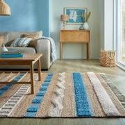 Laagpolig Medina Jute Weave Stripe Vloerkleed Naturel / Blauw - 160x23...