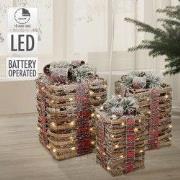 Set van 3 LED kerstcadeauboxen in warm wit rotan met timer en kunstsne...