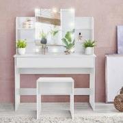 Kaptafel 108x40x140 cm in wit met spiegel, LED-verlichting, grote lade...