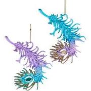 Ornament plastic pauwkleurige veer l14cm