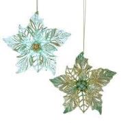 Plastic aqua/goud poinseta 2A 14 cm ornament