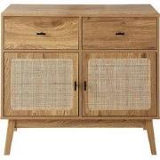 Commode met 2 deuren met rotan fronten, 2 lades en houten poten L90 cm