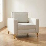 Moderne fauteuil crème bouclé stof met gouden stoelpoten Berlin