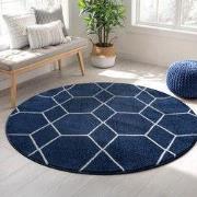 Trellis Uni Rond Effen Laagpolig Vloerkleed Modern Donkerblauw Navy- 1...