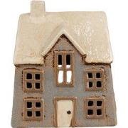 Clayre & Eef Waxinelichthouder Huis 15x10x17 cm Grijs Beige Keramiek
