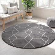 Trellis Uni Rond Effen Laagpolig Vloerkleed Modern Grijs- 150 CM ROND