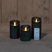 3ST KAARS ANTIEK GROEN WAX RUSTIEK BEWEGENDE VLAM 7,5X10/12,5/15CM AFS...